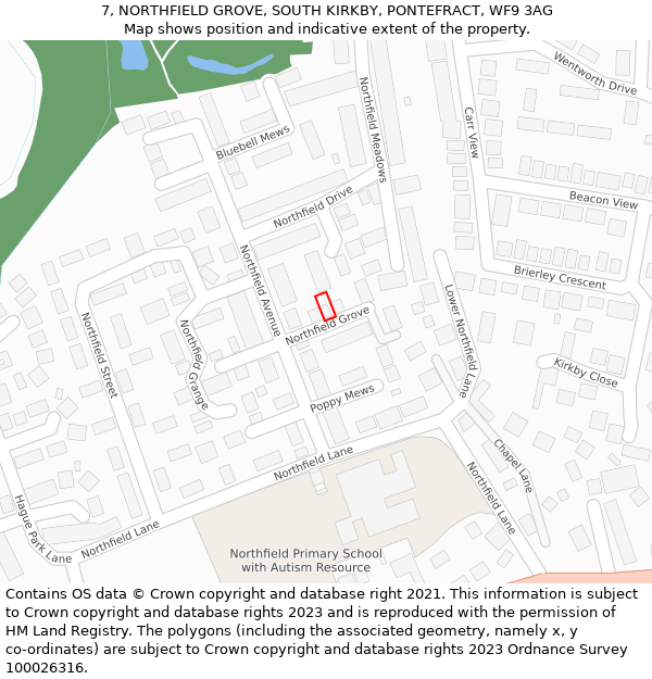 7, NORTHFIELD GROVE, SOUTH KIRKBY, PONTEFRACT, WF9 3AG: Location map and indicative extent of plot