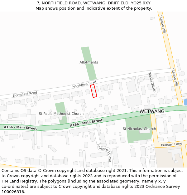 7, NORTHFIELD ROAD, WETWANG, DRIFFIELD, YO25 9XY: Location map and indicative extent of plot