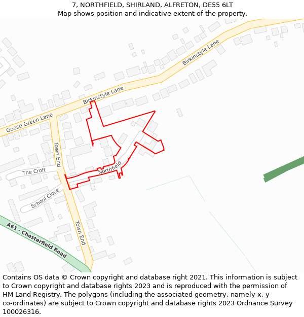 7, NORTHFIELD, SHIRLAND, ALFRETON, DE55 6LT: Location map and indicative extent of plot