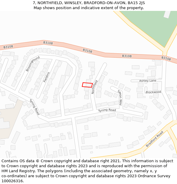 7, NORTHFIELD, WINSLEY, BRADFORD-ON-AVON, BA15 2JS: Location map and indicative extent of plot