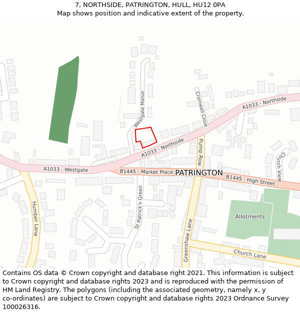 7, NORTHSIDE, PATRINGTON, HULL, HU12 0PA: Location map and indicative extent of plot