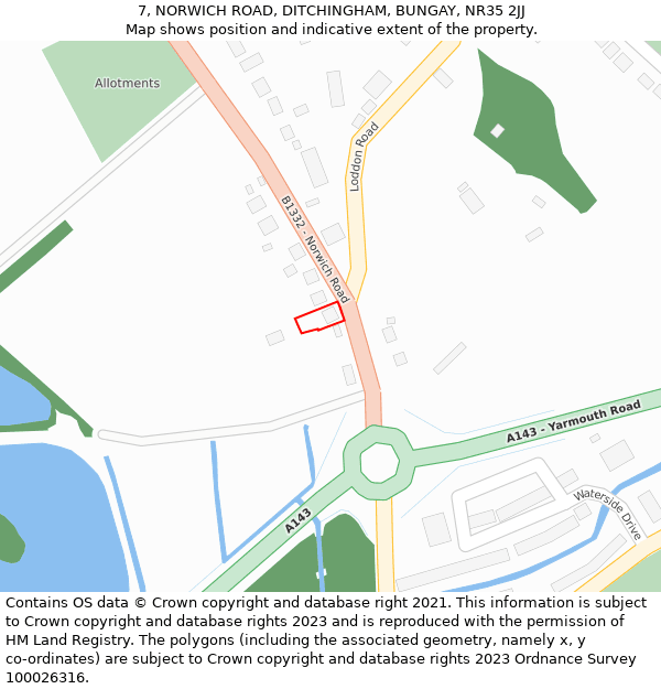 7, NORWICH ROAD, DITCHINGHAM, BUNGAY, NR35 2JJ: Location map and indicative extent of plot