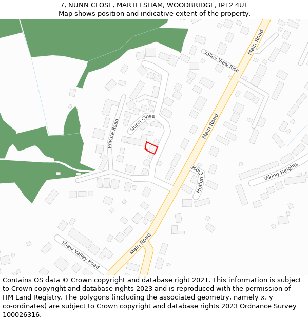 7, NUNN CLOSE, MARTLESHAM, WOODBRIDGE, IP12 4UL: Location map and indicative extent of plot