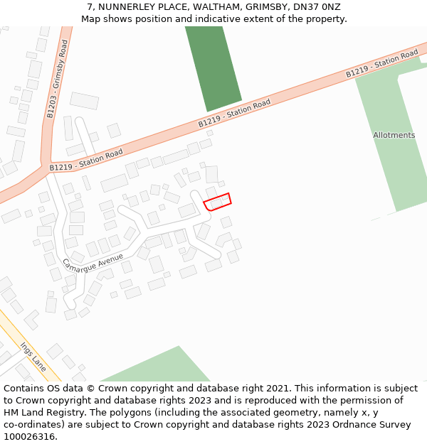 7, NUNNERLEY PLACE, WALTHAM, GRIMSBY, DN37 0NZ: Location map and indicative extent of plot