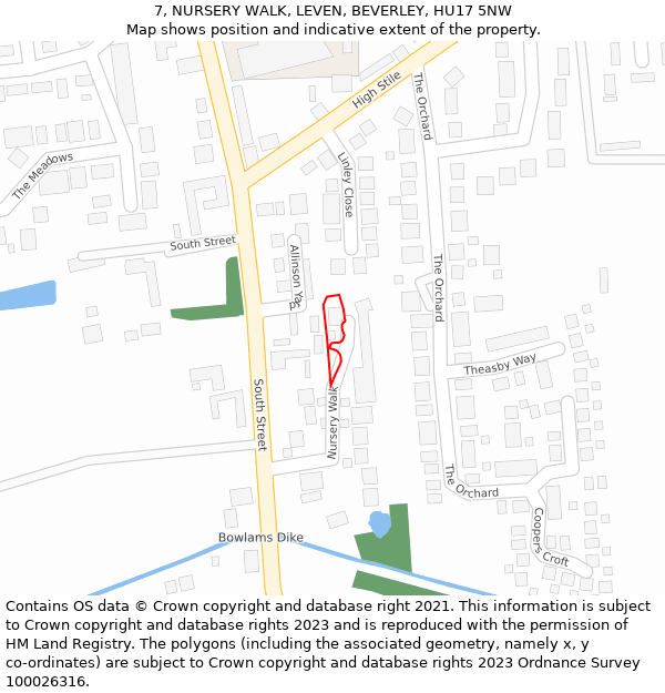 7, NURSERY WALK, LEVEN, BEVERLEY, HU17 5NW: Location map and indicative extent of plot