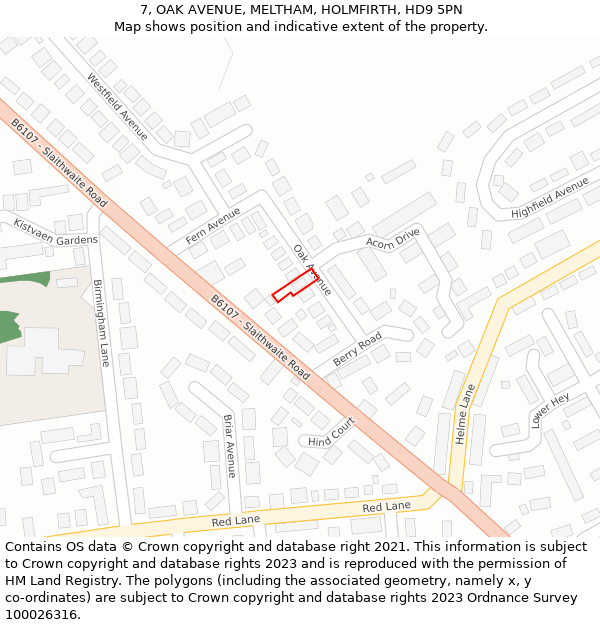 7, OAK AVENUE, MELTHAM, HOLMFIRTH, HD9 5PN: Location map and indicative extent of plot