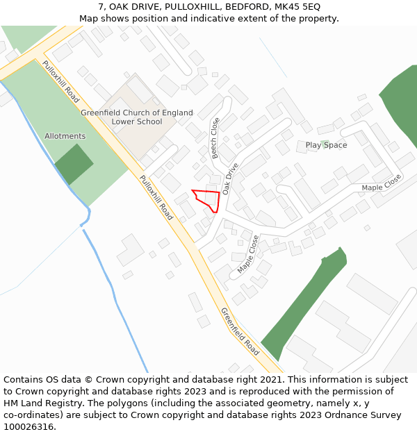 7, OAK DRIVE, PULLOXHILL, BEDFORD, MK45 5EQ: Location map and indicative extent of plot