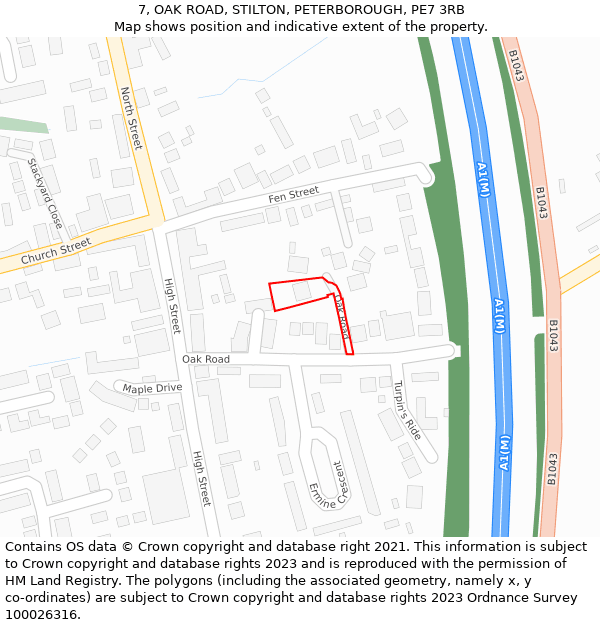 7, OAK ROAD, STILTON, PETERBOROUGH, PE7 3RB: Location map and indicative extent of plot
