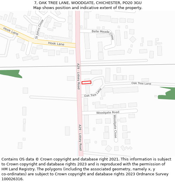 7, OAK TREE LANE, WOODGATE, CHICHESTER, PO20 3GU: Location map and indicative extent of plot