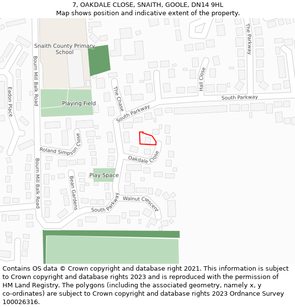 7, OAKDALE CLOSE, SNAITH, GOOLE, DN14 9HL: Location map and indicative extent of plot