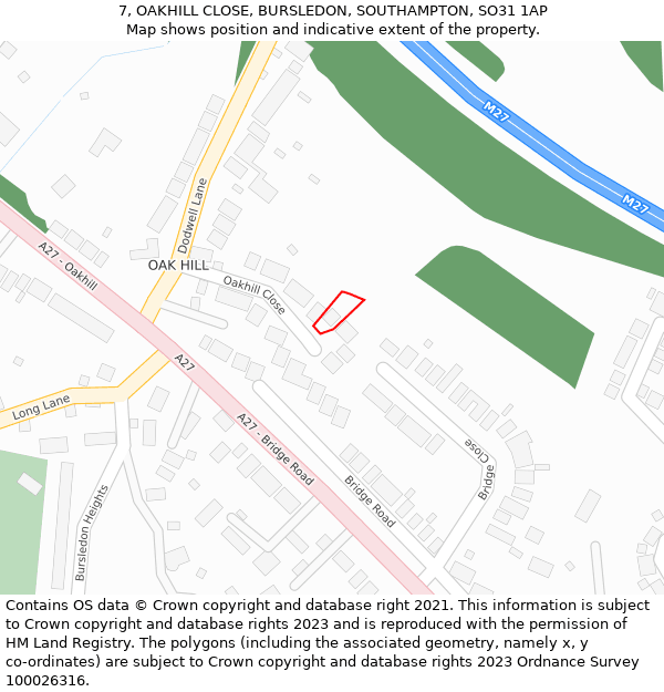 7, OAKHILL CLOSE, BURSLEDON, SOUTHAMPTON, SO31 1AP: Location map and indicative extent of plot