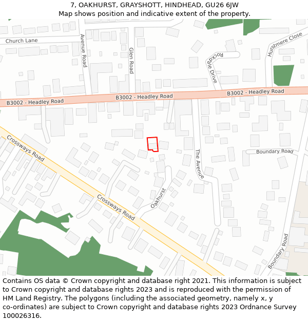 7, OAKHURST, GRAYSHOTT, HINDHEAD, GU26 6JW: Location map and indicative extent of plot