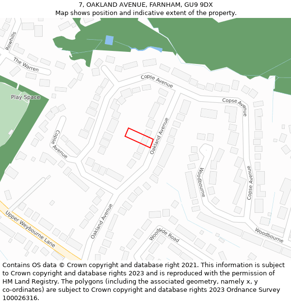 7, OAKLAND AVENUE, FARNHAM, GU9 9DX: Location map and indicative extent of plot