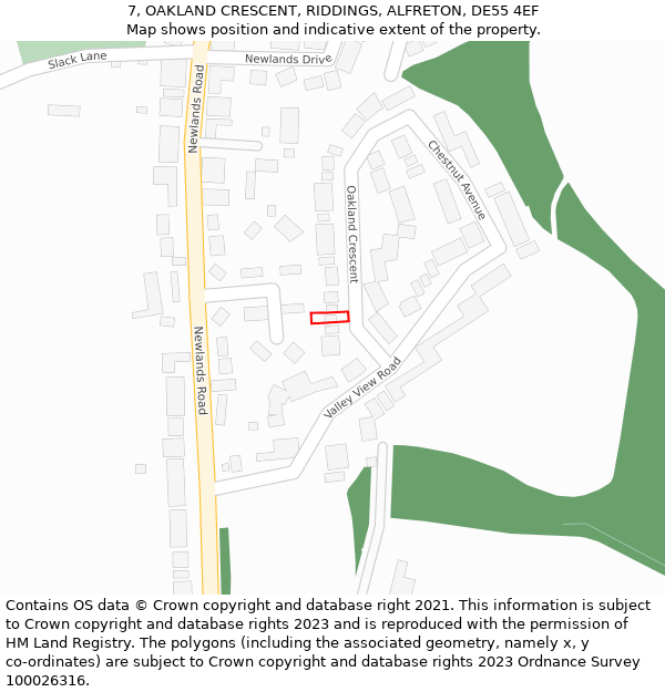 7, OAKLAND CRESCENT, RIDDINGS, ALFRETON, DE55 4EF: Location map and indicative extent of plot