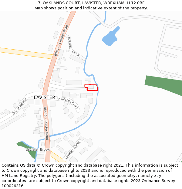 7, OAKLANDS COURT, LAVISTER, WREXHAM, LL12 0BF: Location map and indicative extent of plot