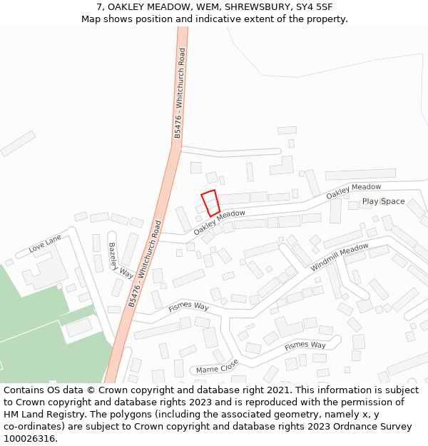 7, OAKLEY MEADOW, WEM, SHREWSBURY, SY4 5SF: Location map and indicative extent of plot