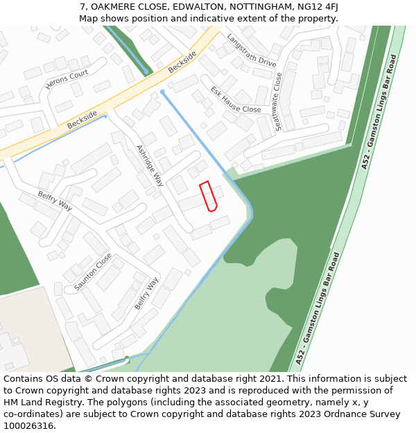 7, OAKMERE CLOSE, EDWALTON, NOTTINGHAM, NG12 4FJ: Location map and indicative extent of plot