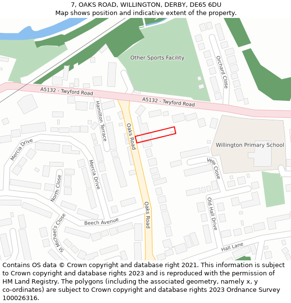 7, OAKS ROAD, WILLINGTON, DERBY, DE65 6DU: Location map and indicative extent of plot