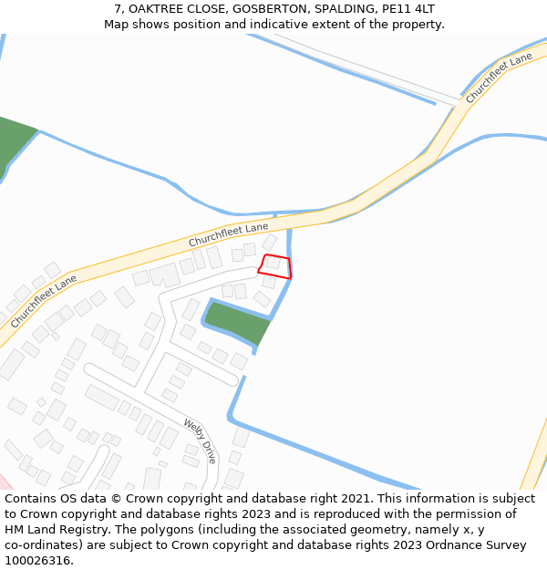 7, OAKTREE CLOSE, GOSBERTON, SPALDING, PE11 4LT: Location map and indicative extent of plot