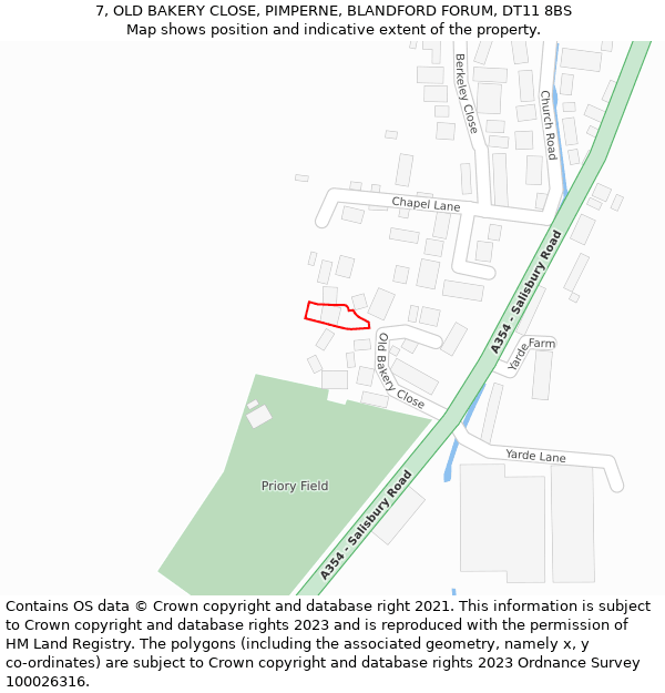 7, OLD BAKERY CLOSE, PIMPERNE, BLANDFORD FORUM, DT11 8BS: Location map and indicative extent of plot