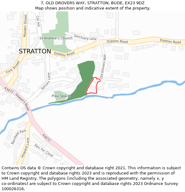 7, OLD DROVERS WAY, STRATTON, BUDE, EX23 9DZ: Location map and indicative extent of plot