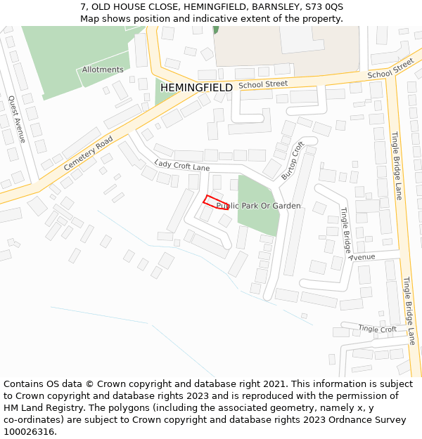 7, OLD HOUSE CLOSE, HEMINGFIELD, BARNSLEY, S73 0QS: Location map and indicative extent of plot