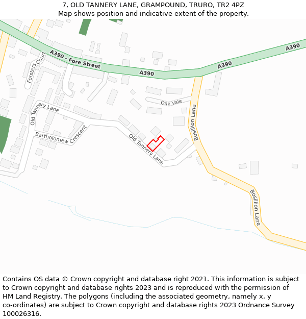 7, OLD TANNERY LANE, GRAMPOUND, TRURO, TR2 4PZ: Location map and indicative extent of plot