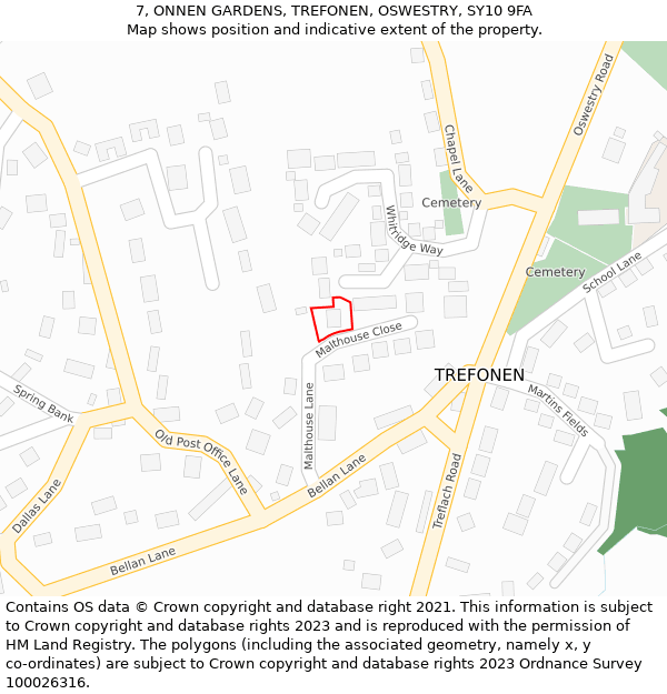 7, ONNEN GARDENS, TREFONEN, OSWESTRY, SY10 9FA: Location map and indicative extent of plot