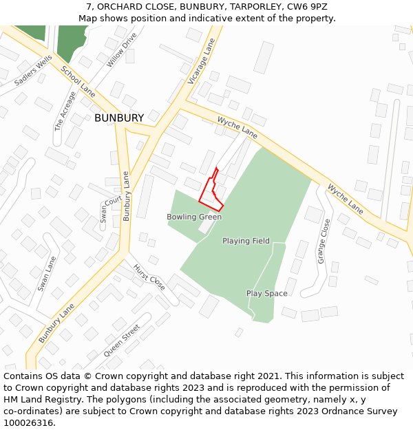7, ORCHARD CLOSE, BUNBURY, TARPORLEY, CW6 9PZ: Location map and indicative extent of plot