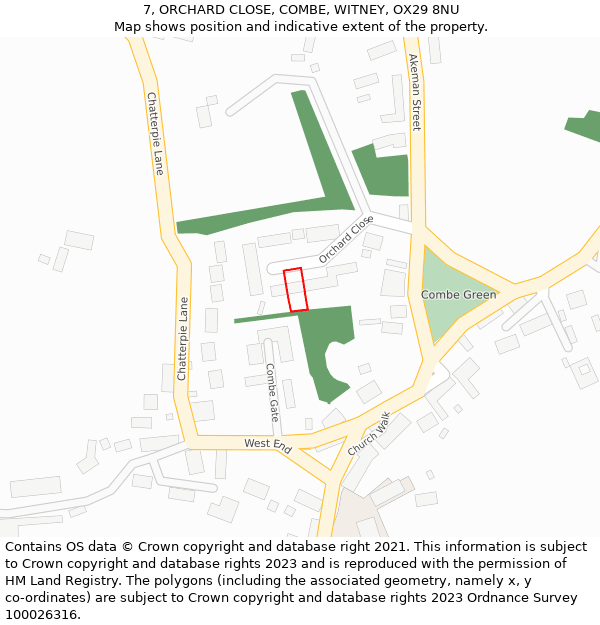 7, ORCHARD CLOSE, COMBE, WITNEY, OX29 8NU: Location map and indicative extent of plot