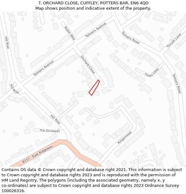 7, ORCHARD CLOSE, CUFFLEY, POTTERS BAR, EN6 4QD: Location map and indicative extent of plot