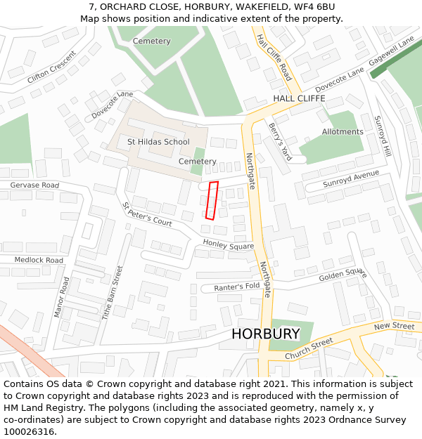 7, ORCHARD CLOSE, HORBURY, WAKEFIELD, WF4 6BU: Location map and indicative extent of plot