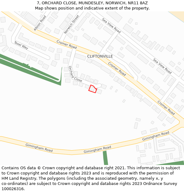 7, ORCHARD CLOSE, MUNDESLEY, NORWICH, NR11 8AZ: Location map and indicative extent of plot