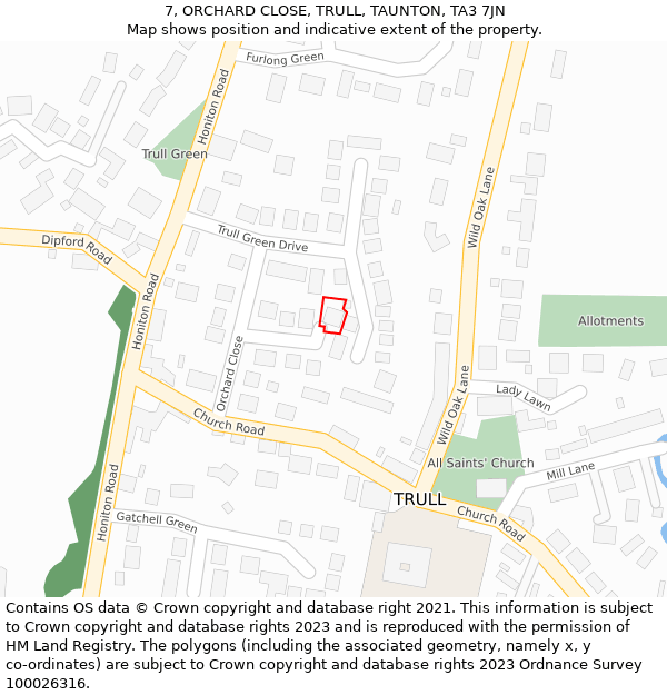 7, ORCHARD CLOSE, TRULL, TAUNTON, TA3 7JN: Location map and indicative extent of plot