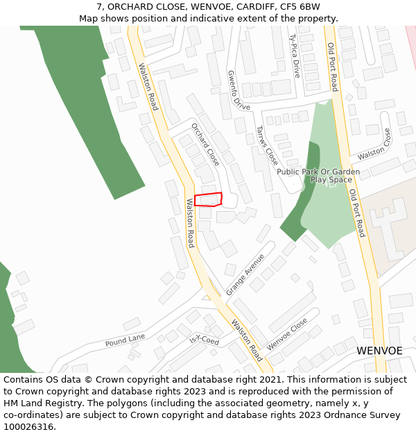 7, ORCHARD CLOSE, WENVOE, CARDIFF, CF5 6BW: Location map and indicative extent of plot