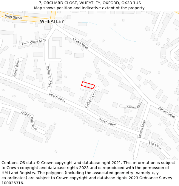 7, ORCHARD CLOSE, WHEATLEY, OXFORD, OX33 1US: Location map and indicative extent of plot