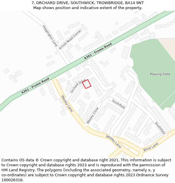 7, ORCHARD DRIVE, SOUTHWICK, TROWBRIDGE, BA14 9NT: Location map and indicative extent of plot