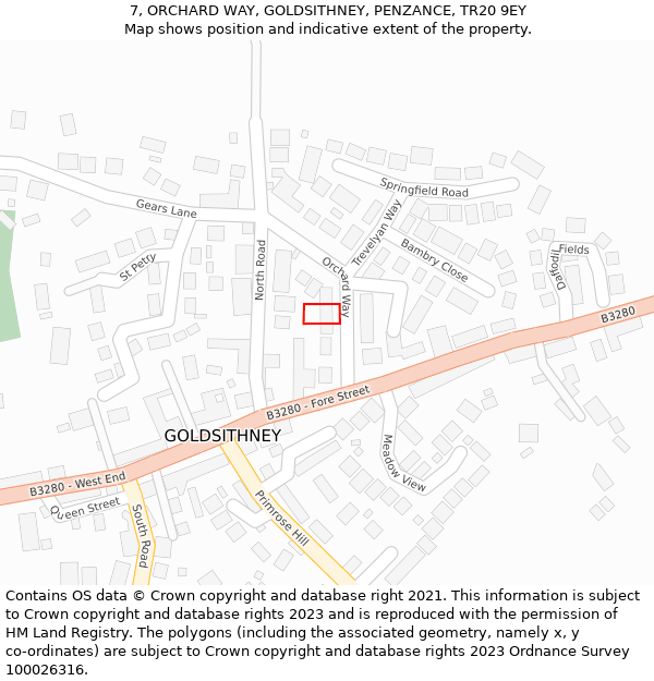 7, ORCHARD WAY, GOLDSITHNEY, PENZANCE, TR20 9EY: Location map and indicative extent of plot