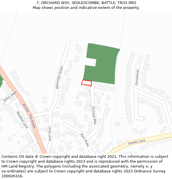 7, ORCHARD WAY, SEDLESCOMBE, BATTLE, TN33 0RD: Location map and indicative extent of plot