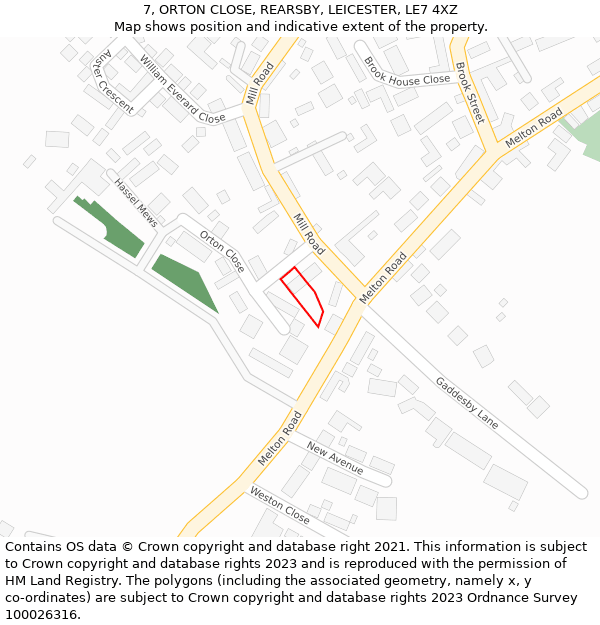 7, ORTON CLOSE, REARSBY, LEICESTER, LE7 4XZ: Location map and indicative extent of plot