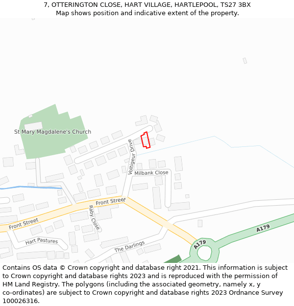 7, OTTERINGTON CLOSE, HART VILLAGE, HARTLEPOOL, TS27 3BX: Location map and indicative extent of plot