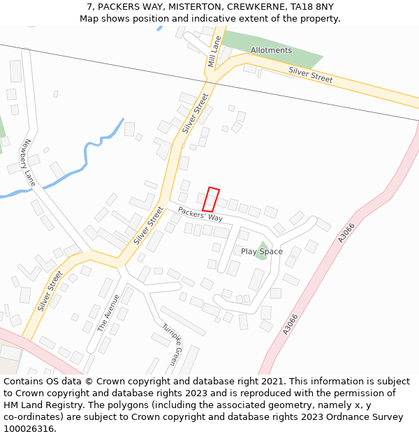 7, PACKERS WAY, MISTERTON, CREWKERNE, TA18 8NY: Location map and indicative extent of plot