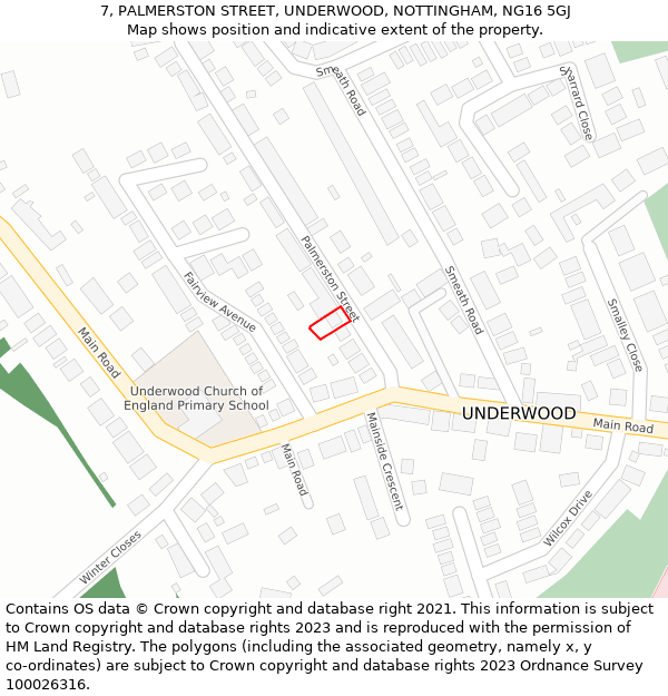 7, PALMERSTON STREET, UNDERWOOD, NOTTINGHAM, NG16 5GJ: Location map and indicative extent of plot