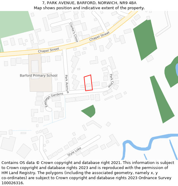 7, PARK AVENUE, BARFORD, NORWICH, NR9 4BA: Location map and indicative extent of plot