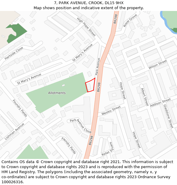 7, PARK AVENUE, CROOK, DL15 9HX: Location map and indicative extent of plot