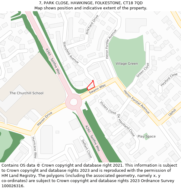 7, PARK CLOSE, HAWKINGE, FOLKESTONE, CT18 7QD: Location map and indicative extent of plot