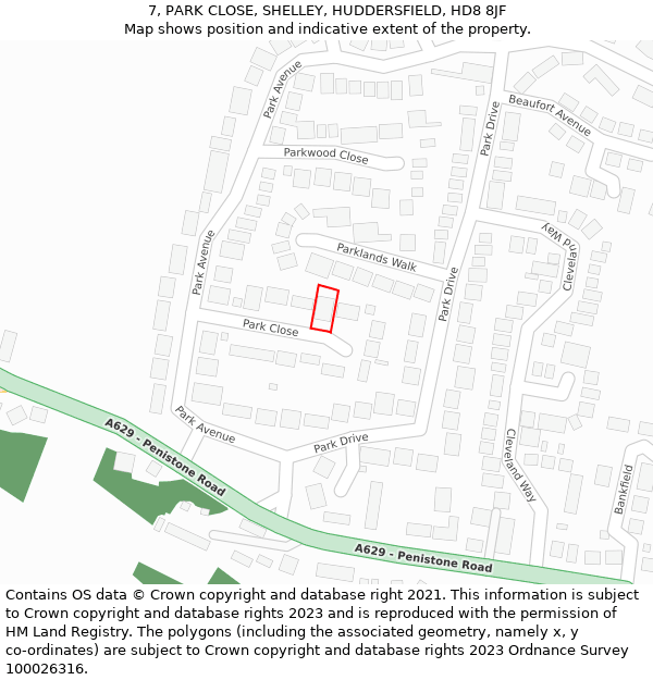 7, PARK CLOSE, SHELLEY, HUDDERSFIELD, HD8 8JF: Location map and indicative extent of plot