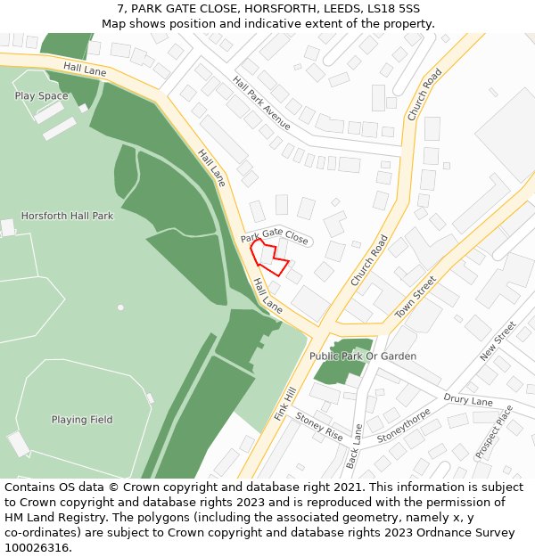 7, PARK GATE CLOSE, HORSFORTH, LEEDS, LS18 5SS: Location map and indicative extent of plot