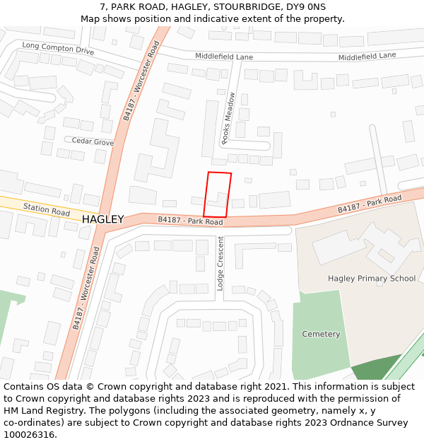 7, PARK ROAD, HAGLEY, STOURBRIDGE, DY9 0NS: Location map and indicative extent of plot