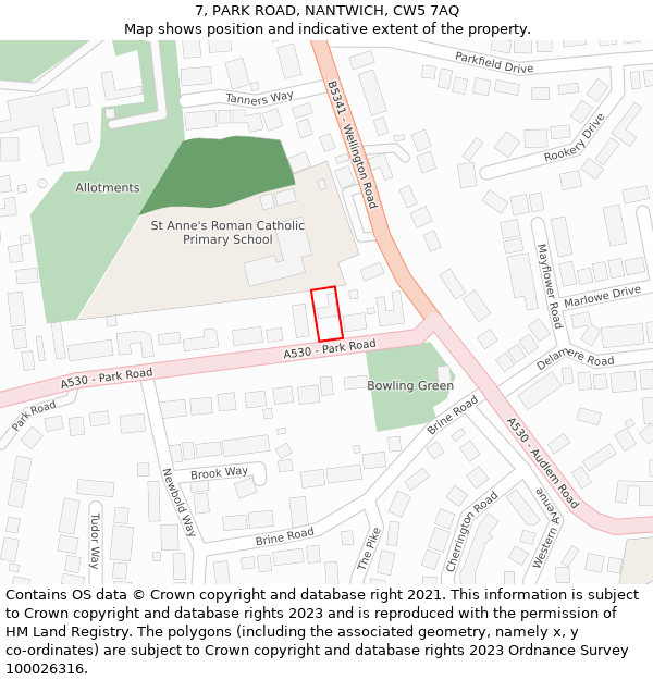 7, PARK ROAD, NANTWICH, CW5 7AQ: Location map and indicative extent of plot
